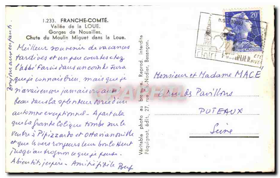 CPSM Franche Comte Vallee de la Loue Gorges de Nouailles Chute du Moulin Miguet dans la Loue — Rückseite