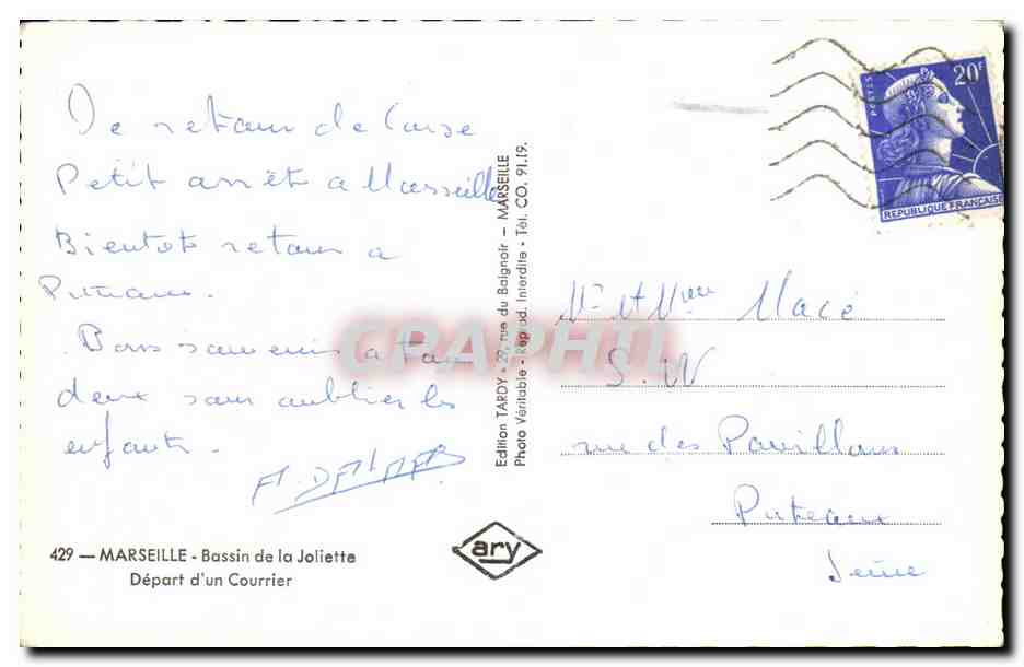 CPA Marseille Bassin de la Joliette Depart dun Courrier — Verso