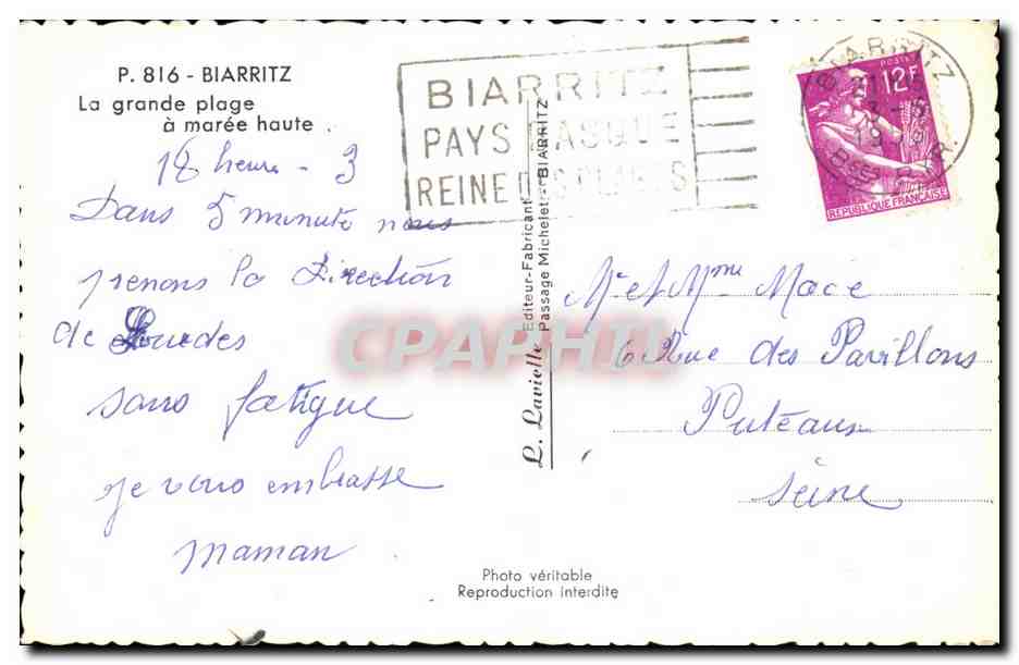 CPA Biarritz La grande plage a maree haute — Rückseite