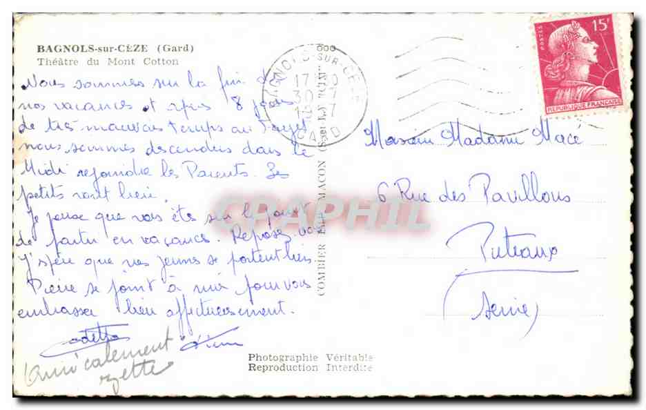CPA Bagnols sur Ceze Theatre du Mont Cotton — Rückseite