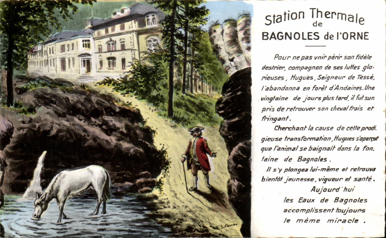 Estación Termal de BAGNOLES-de-l'ORNE — leyenda con un caballo y un hombre — J. Combe