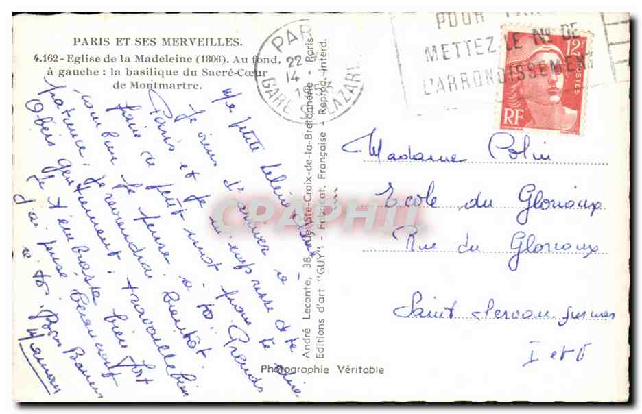 CPSM Paris Et Ses Merveilles Eglise de la Madeleine Au fond a gauche la basilique du Saere Coeur de Montmartre — Rückseite