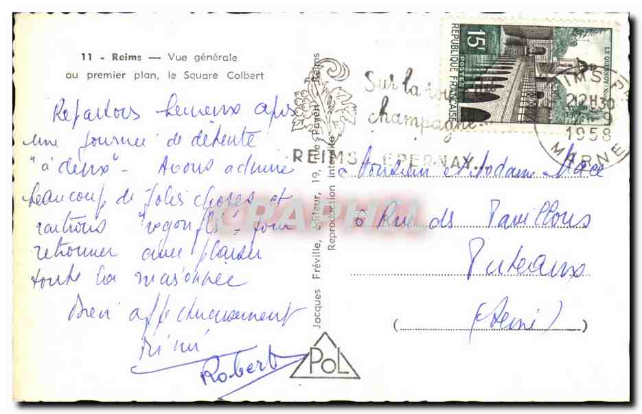 CPSM Reims Vue generale au premier plan le Square Colbert — Verso