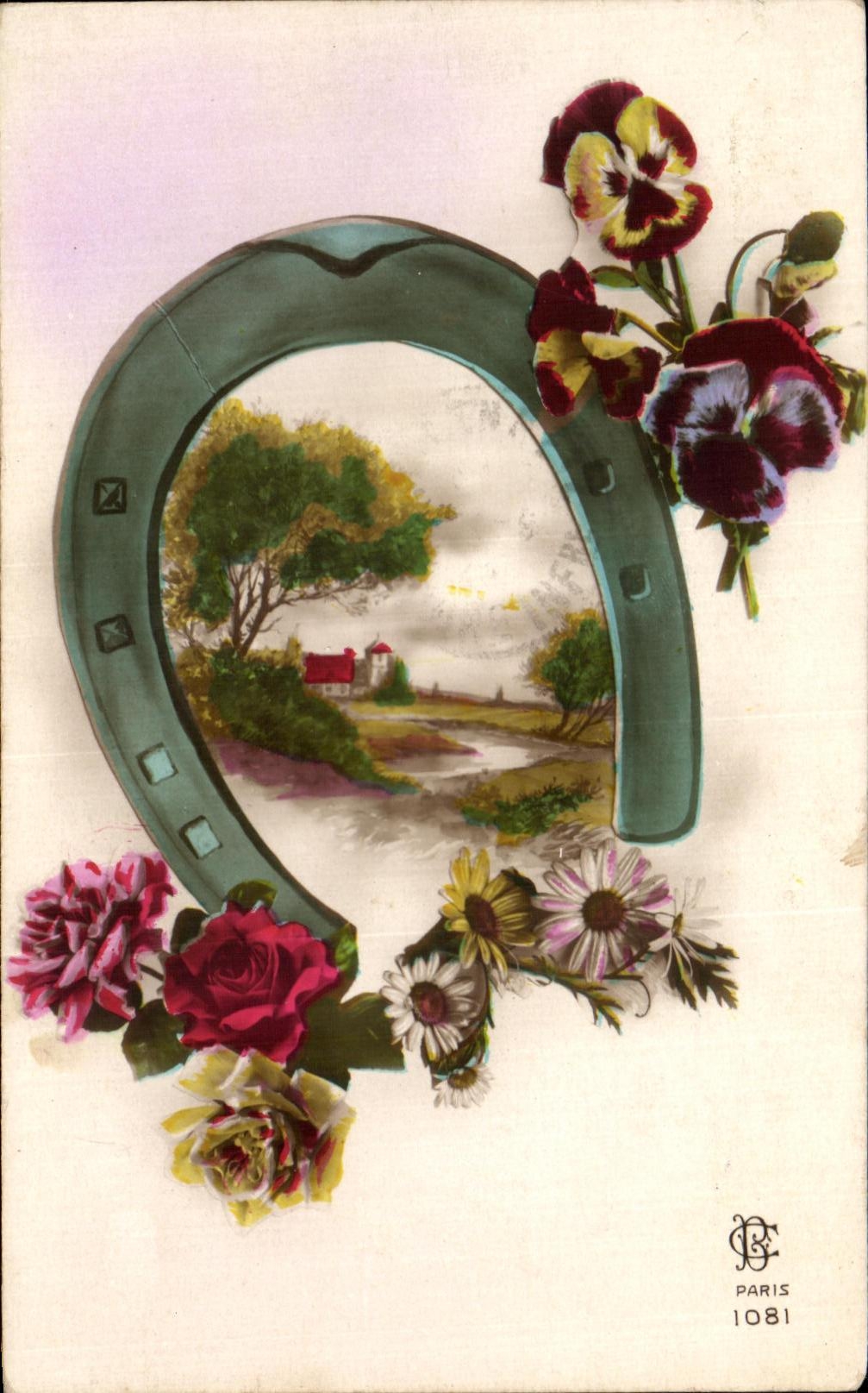 CPA Fantaisie Fer a cheval Fleurs 