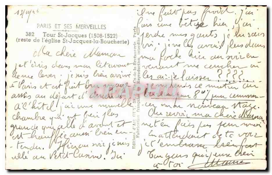 CPA Paris Et Ses Merveilles Tour St Jacques — Verso