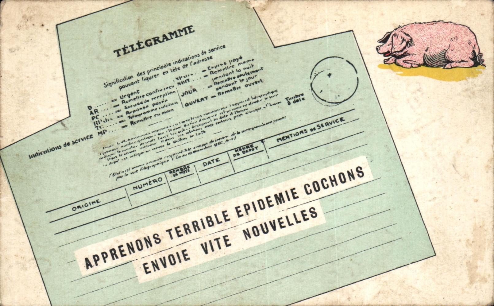 CPA Telegramme Apprenons Terrible Epidemie Cochons Envoie Vite Nouvelles Pigs