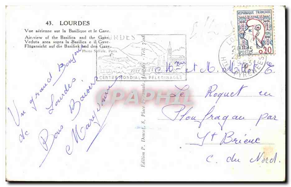 CPA Lourdes Vue aerienne sur la Basilique et le Gave — Verso