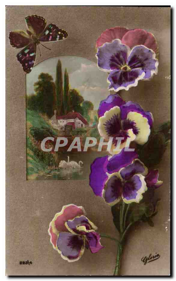 CPA Fantaisie Fleurs Cygne Swan