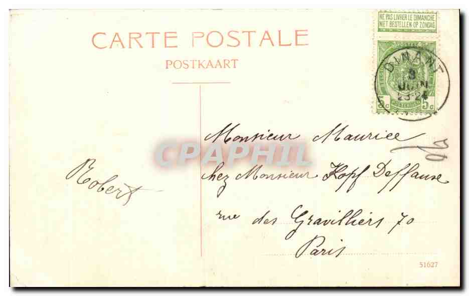 CPA Dinant Hotel de Ville et la Poste — Rückseite