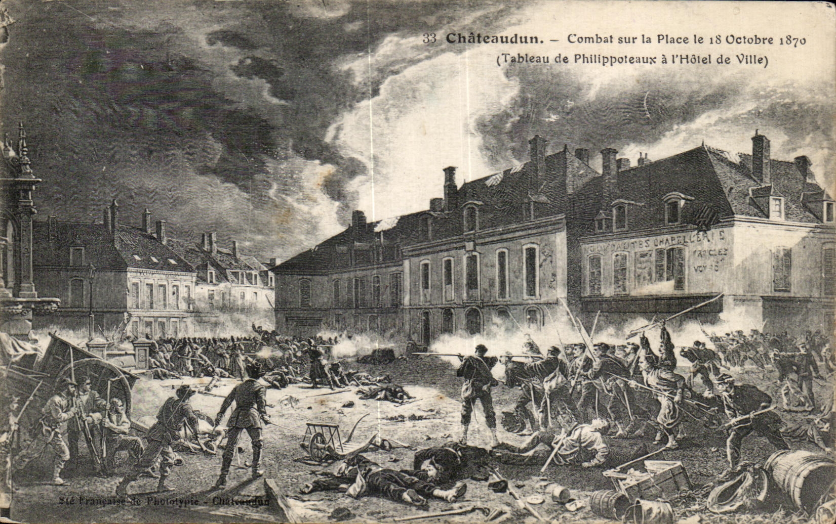 CPA Chateaudun Combat sur la Place le 18 octobre 1870 Philippoteaux Hotel de ville