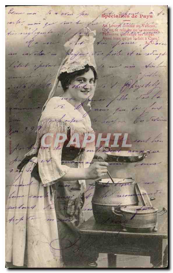 CPA Specialites du pays Au Louvre comme au Vatican Les tripes de Caen Folklore Costume