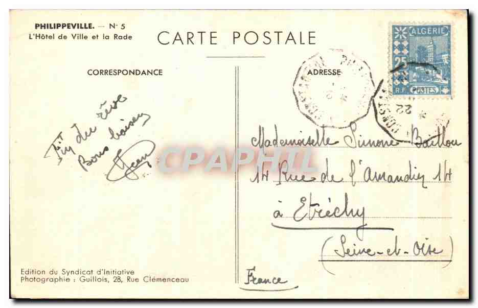 CPA Philippeville L Hotel de Ville et la rade — Verso