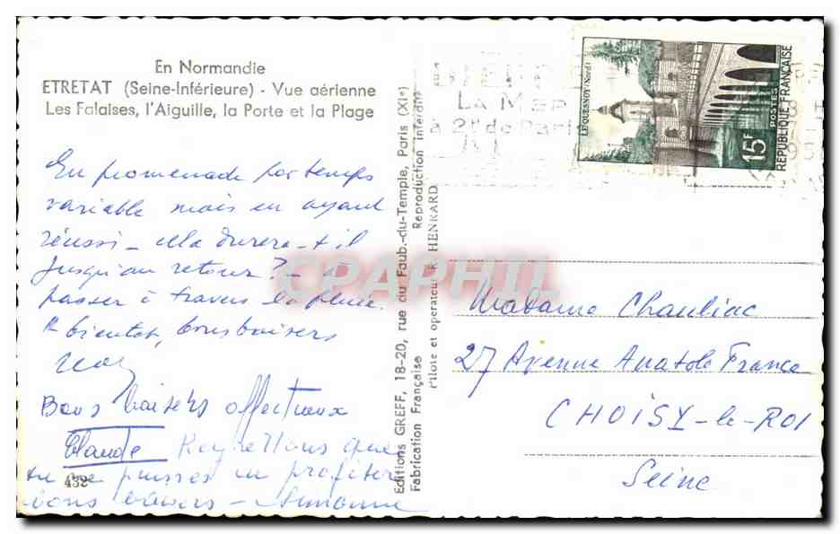 CPA En Normandie Etretat Les Falaises I Aiguille la Porte et la Plage — Rückseite