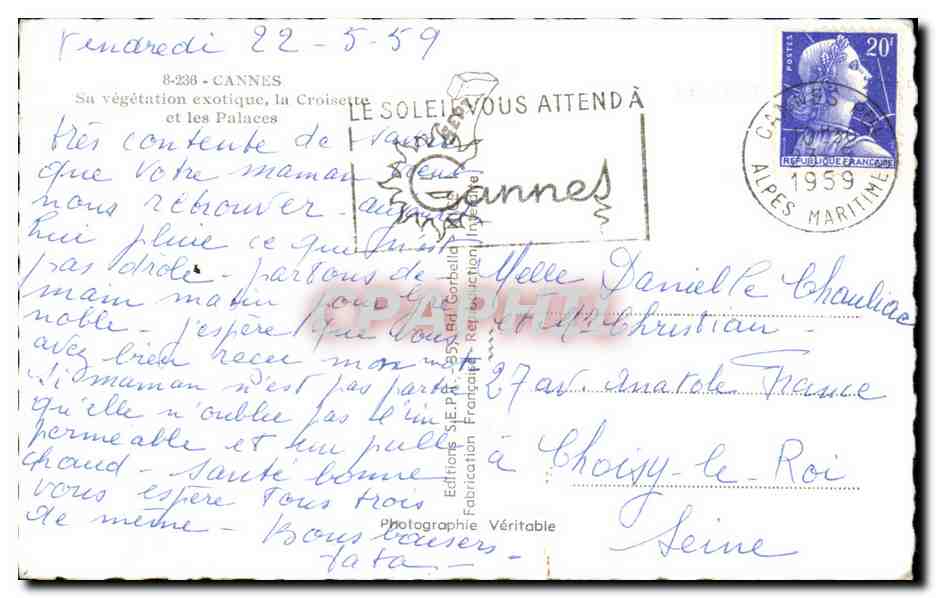 CPA Cannes Sa vegetation exotique la Croisette et les palaces — Verso