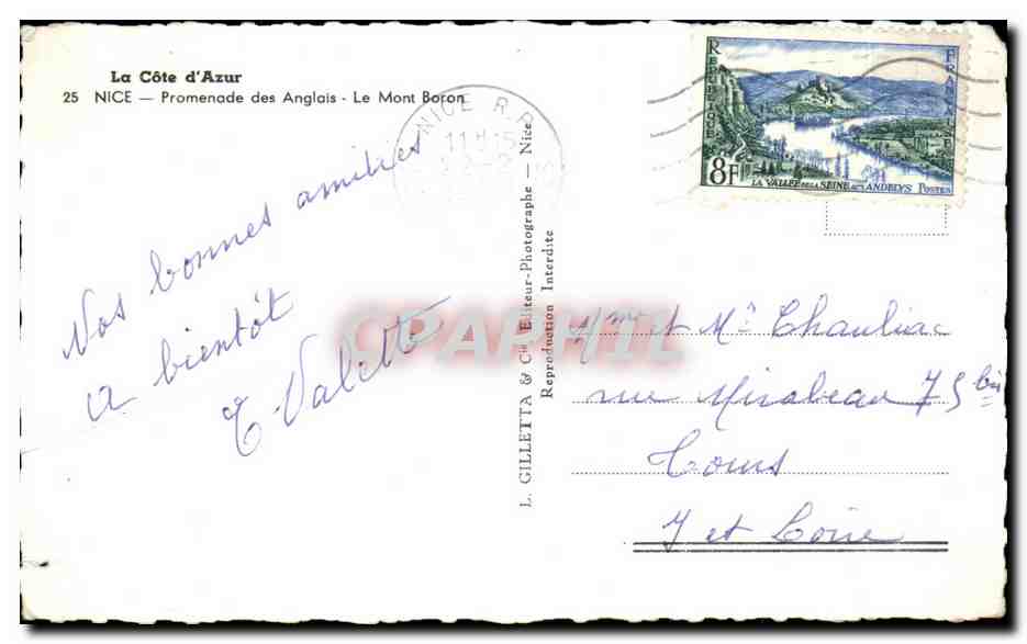 CPA La Cote d Amur Nice Promenade des Anglais Le Mont — Verso