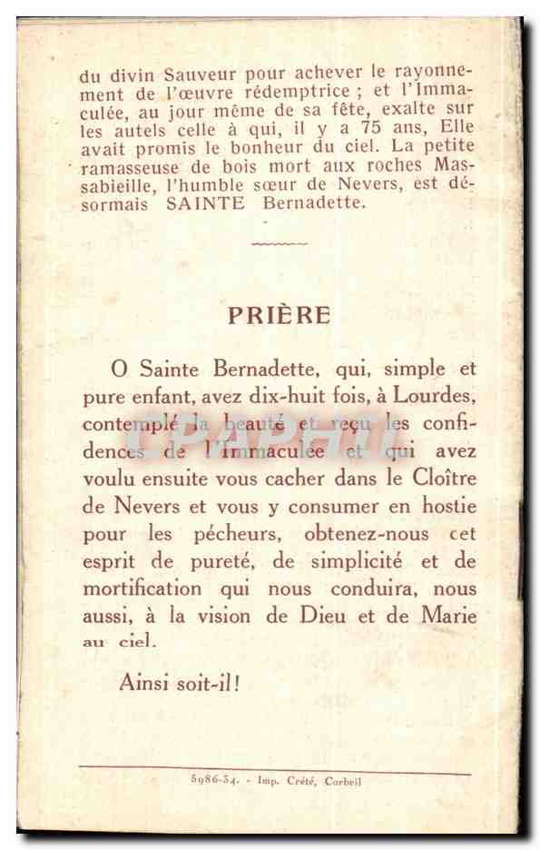 Livret imprime en 1934 Sainte Bernadette Lourdes — Rückseite