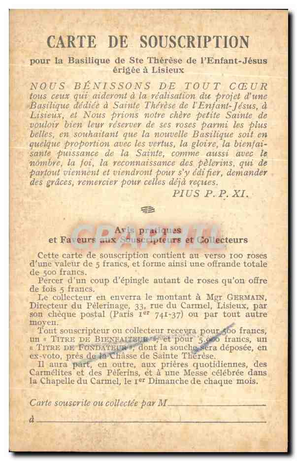 CPA Carte De Souscription pour la Basilique de Ste Therese de l Enfant Jesus erigee a Lisieux — Rückseite