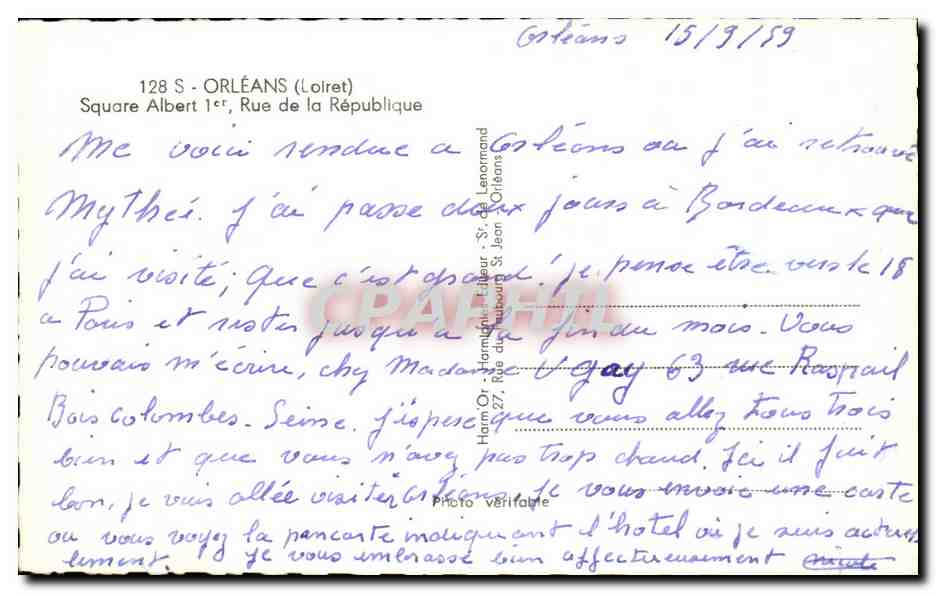 CPA Orleans Square Albert Rue de la Republique Le Berry — Verso
