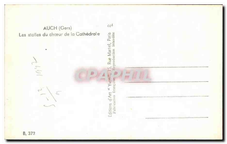 Auch (Gers) — Les stalles du chœur de la Cathédrale — Éditions d'Art 'Yvon', Paris — Verso