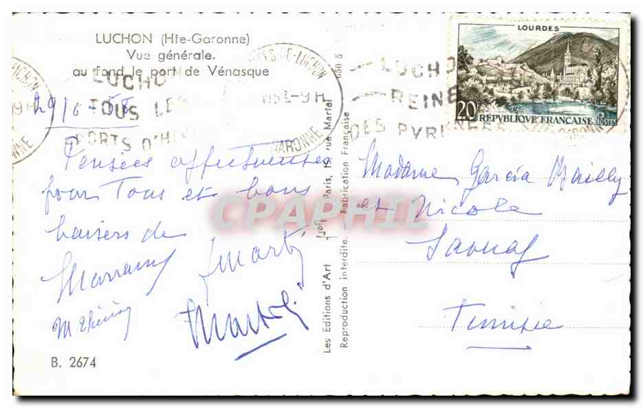Luchon (Hte-Garonne) — Vue générale, au fond le port de Vénasque — Éditions d'Art Luchon — Verso