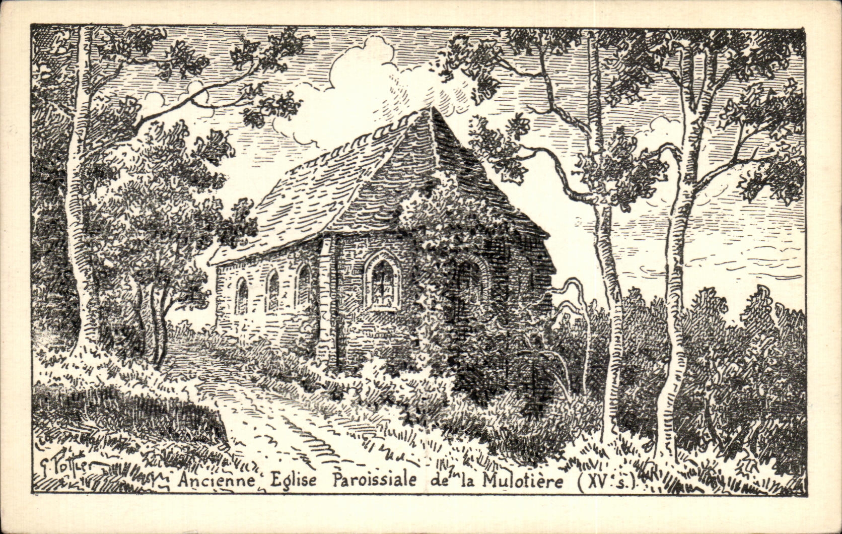 Ancienne Église Paroissiale de la Mulotière (XVᵉ s.) — gravure de F. Toller