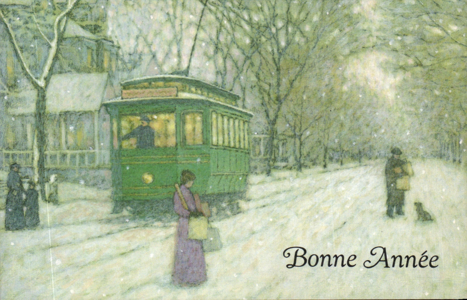 CPA Fantaisie Bonne Annee Tramway Neige
