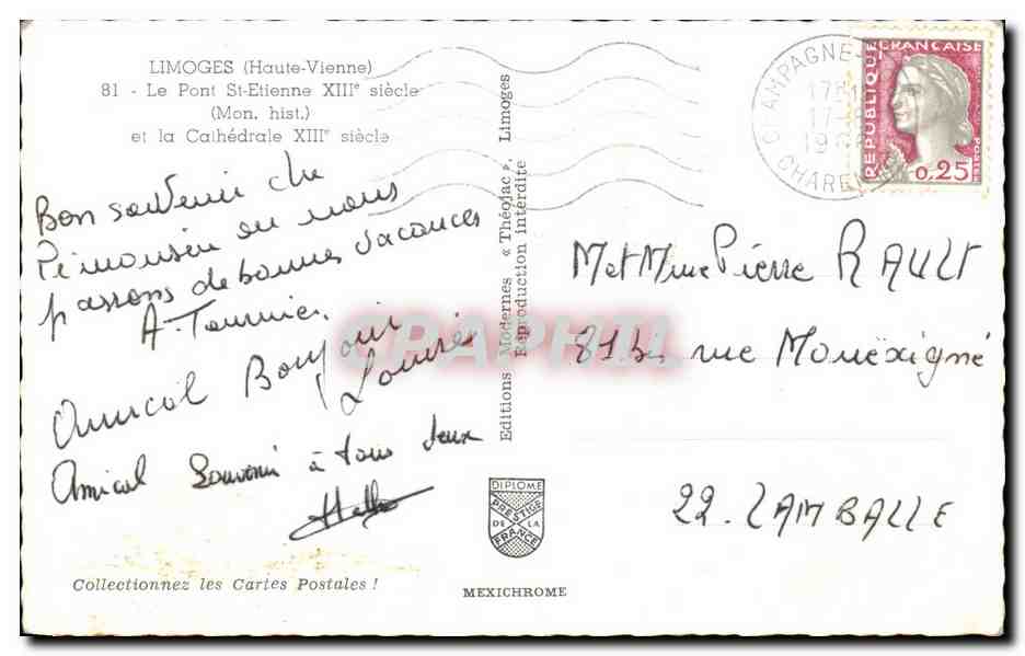 CPA Limoges (Haute Vienne) Le Pont St Etienne Xlll e siecle (Mon hist) et la Cathedrale Xll e siecle — Rückseite