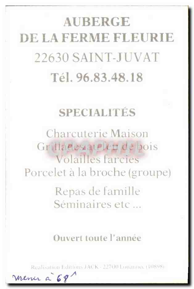 Carte de visite Auberge de la Ferme Fleurie Saint Juvat — Rückseite