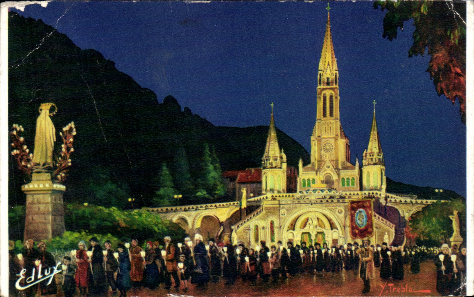 CPA Lourdes La Pression aux flambeaux The Torch Light Procession La Fiacolata De Light Processie