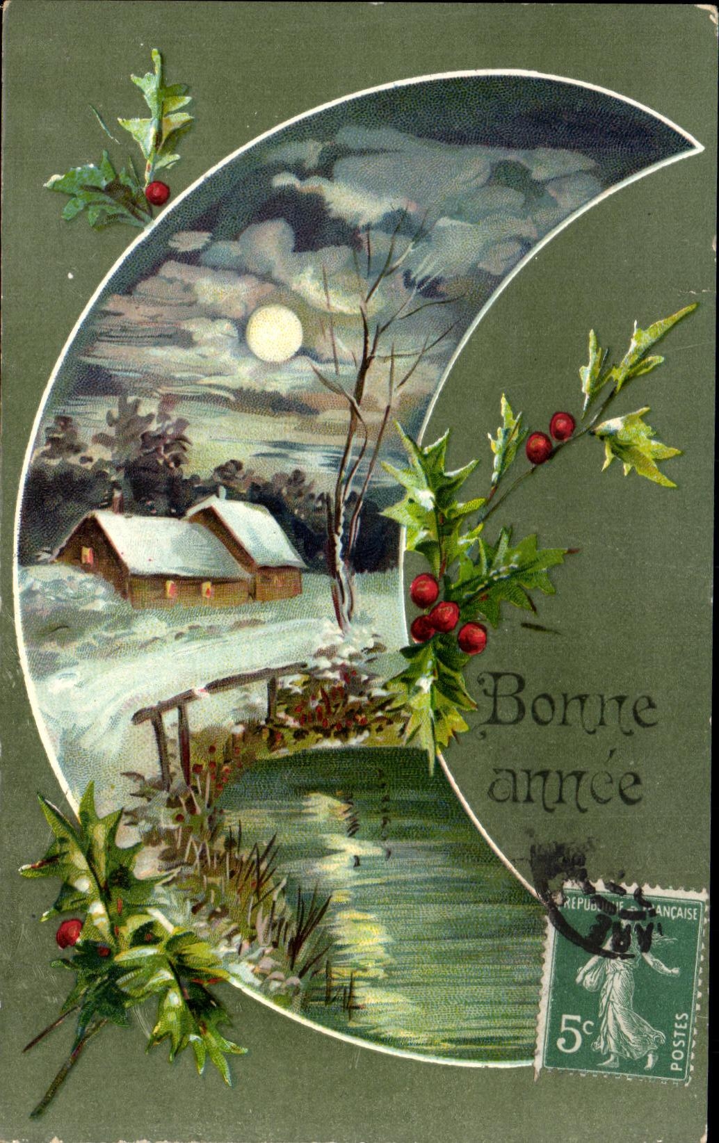 CPA Fantaisie Fleurs Bonne annee Lune Moon
