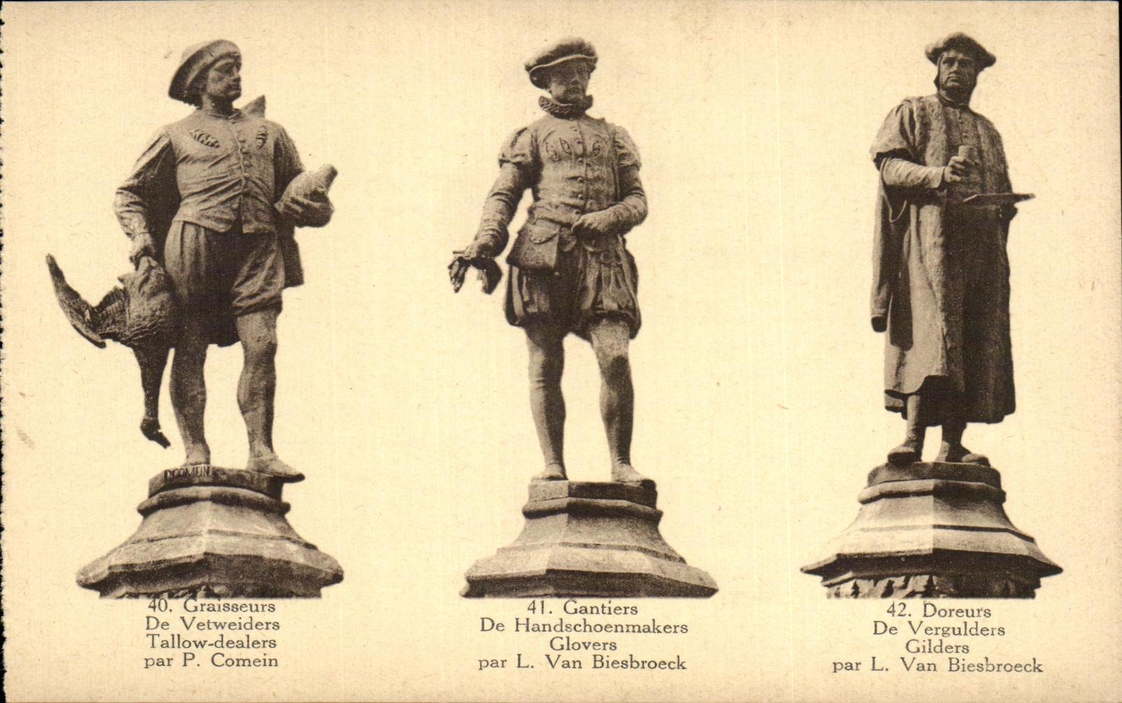 Trois statues de métiers — Graisseurs, Gantiers, Doreurs — par P. Comein, L. Van Biesbroeck, éditeur P. Comein