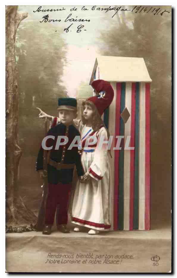 CPA Fantaisie Enfant Rends nous bientot par ton audace notre lornaine et notre aisace Marianne Militaria
