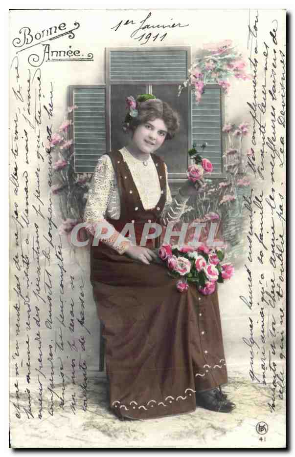 CPA Fantaisie Fleurs Femme Bonne Annee