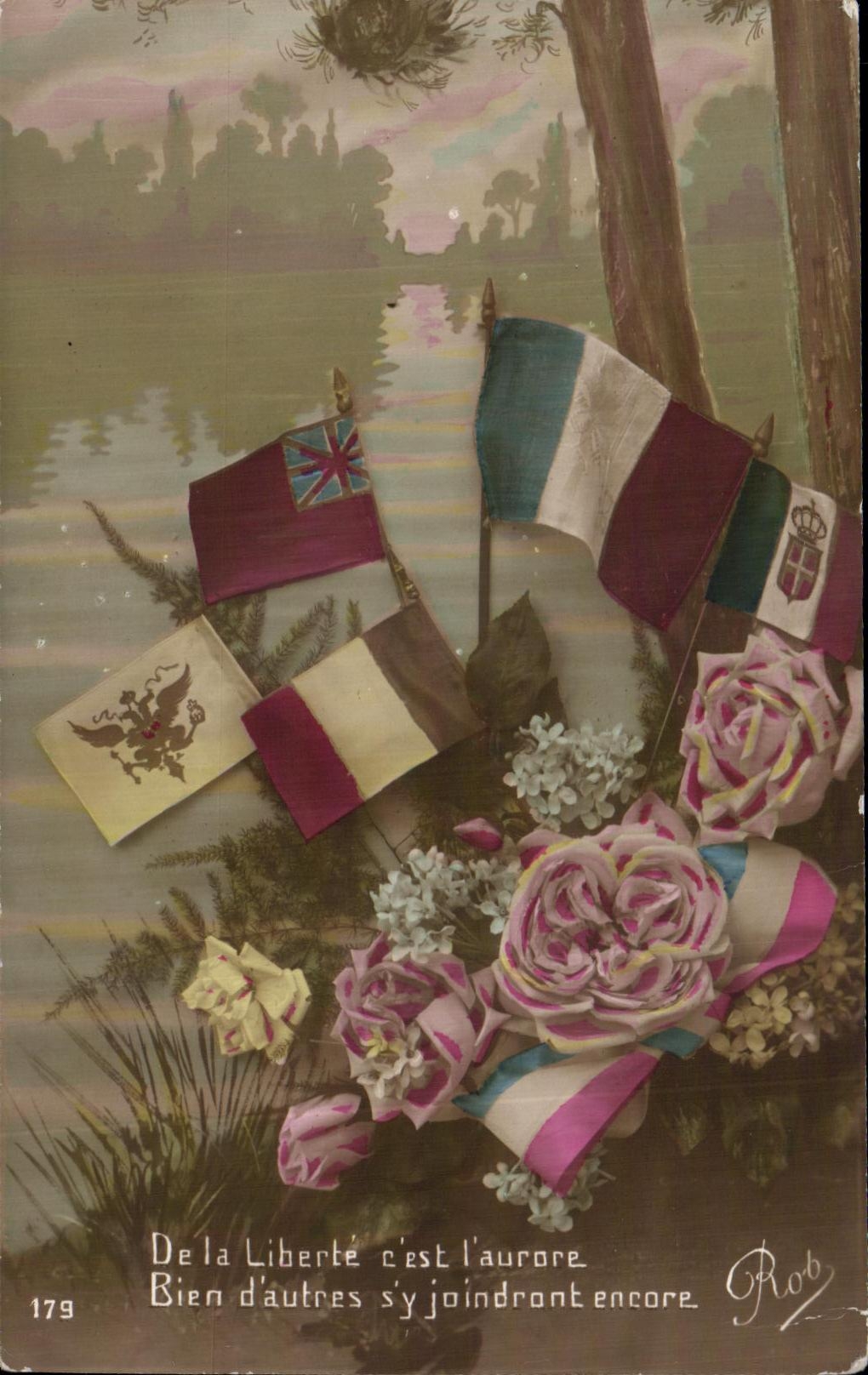 CPA Fantaisie Fleurs De la Liberte Cest L aurore Bien dautres Drapeaux Flags