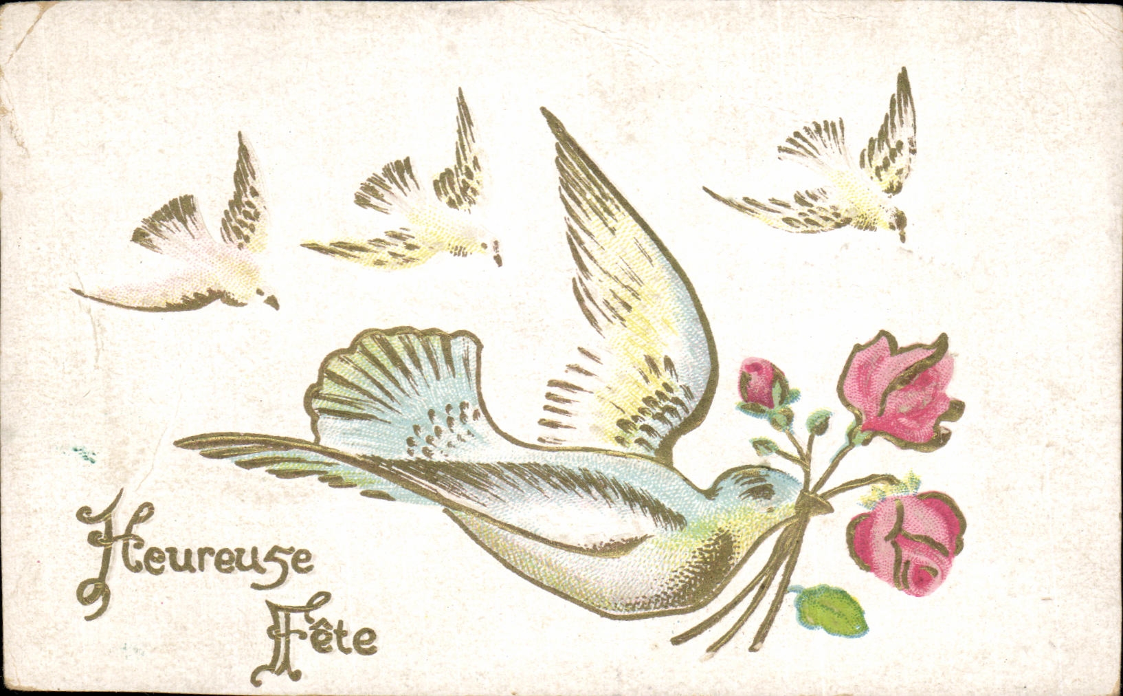 CPA Heureuse Fete Colombe Fleurs