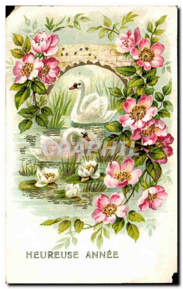CPA Fantaisie fleurs Heureuse Annee Cygne 