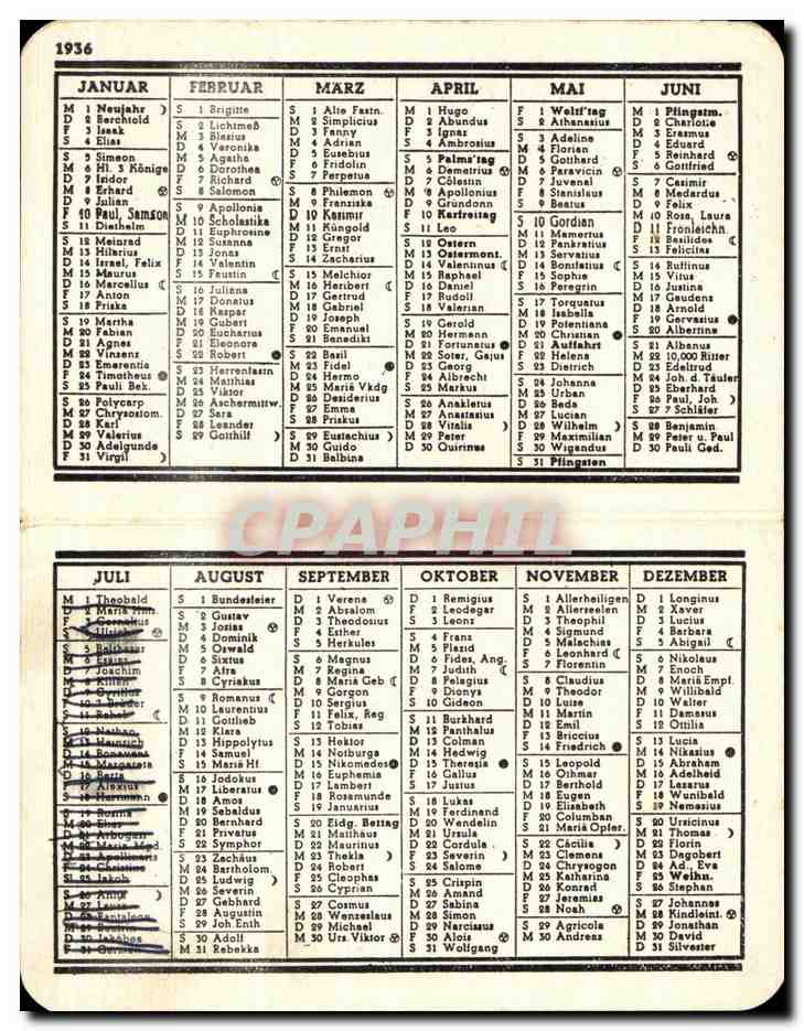 Calendrier 1936 Allemagne — Rückseite