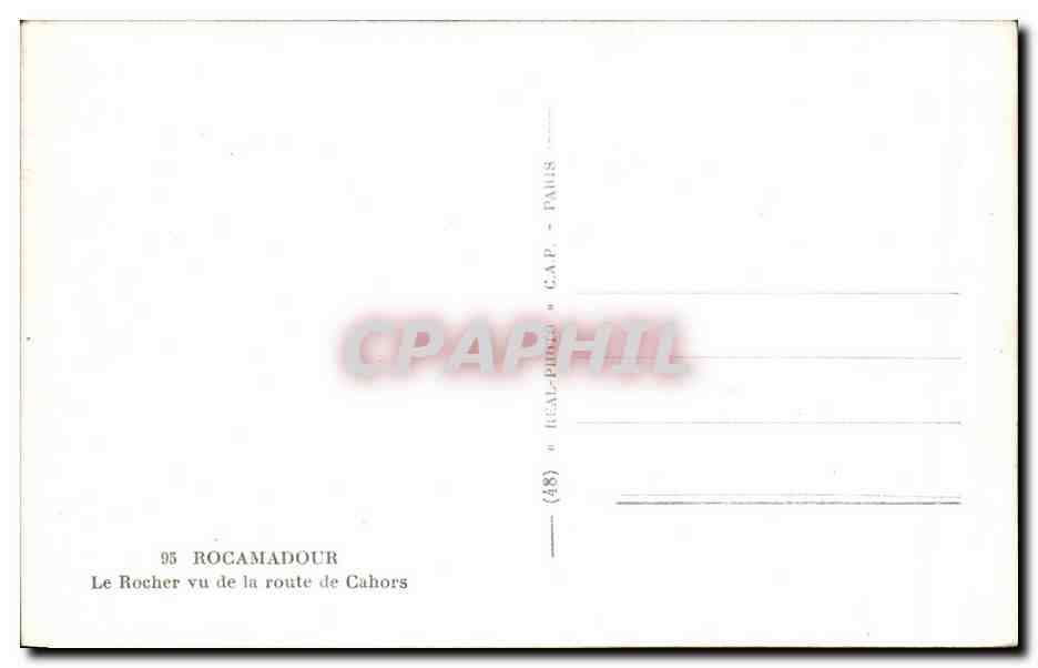Rocamadour — Le Rocher vu de la route de Cahors — éditeur C.A.P. n° 95 — Verso