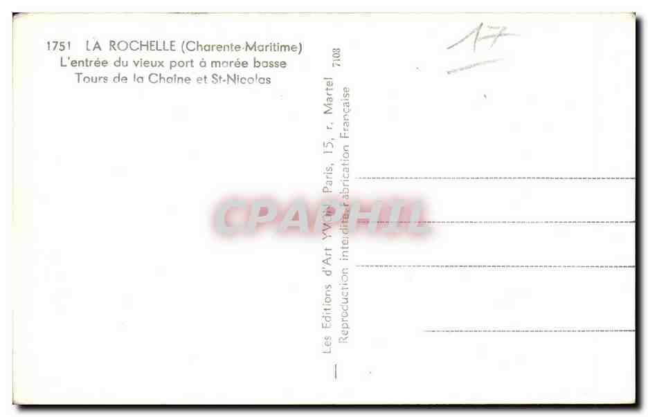 La Rochelle (Charente-Maritime) — L'entrée du vieux port à marée basse — Tours de la Chaîne et Saint-Nicolas — Éditions d'Art Martel — Rückseite