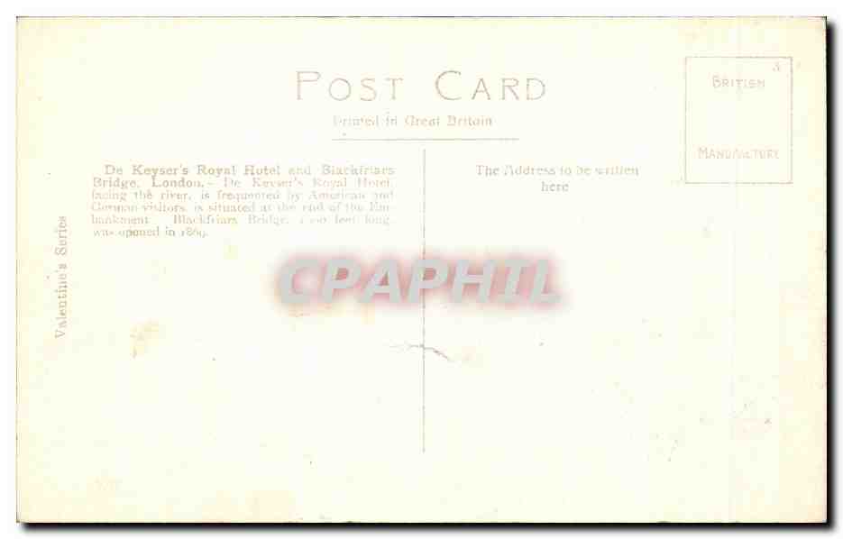 CPA De Keyser's Royal Hotel and Blackfriars Bridge London Bateau Londres — Rückseite