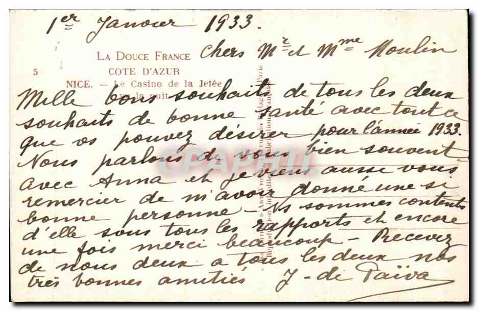 CPA Nice La Douce France Cote D'Azur — Rückseite