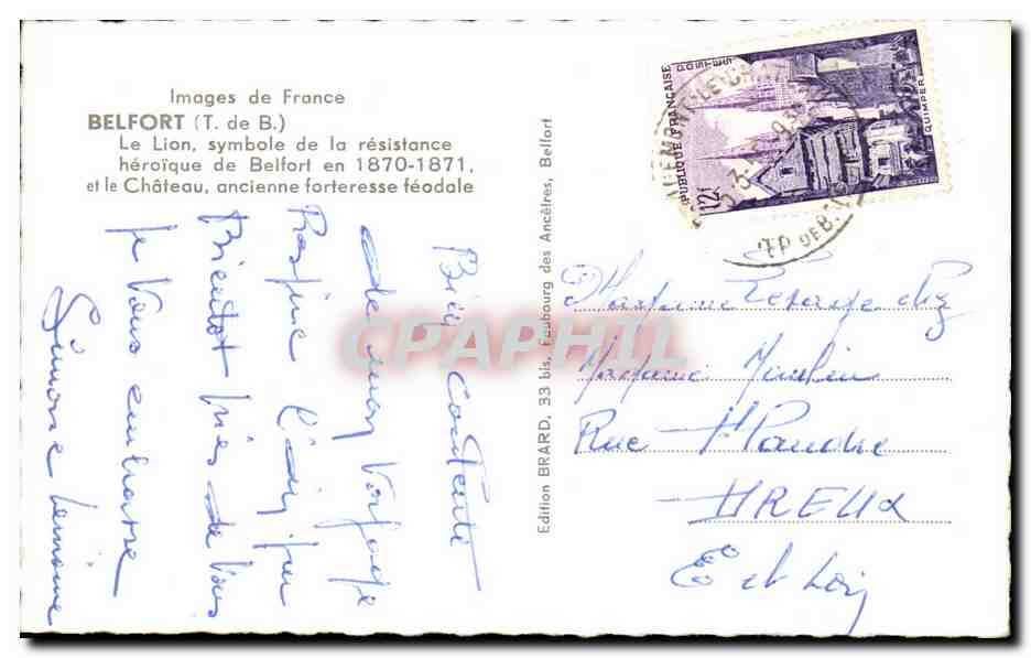 CPA Belfort Le Lion Symbole de la resistance — Verso