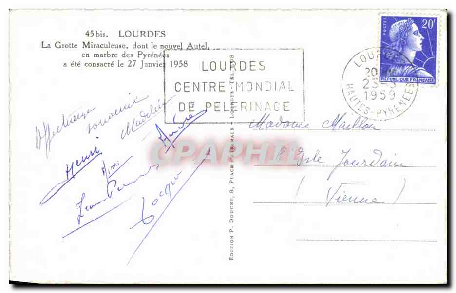 CPA Lourdes La Grotte Miraculeuse dont le nouvel Autel en marbre des Pyrenees — Verso