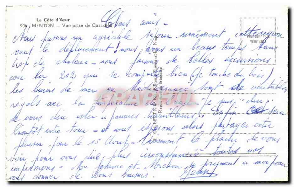CPA La Cote D'Azur Menton Vue Prise de Carnales — Verso