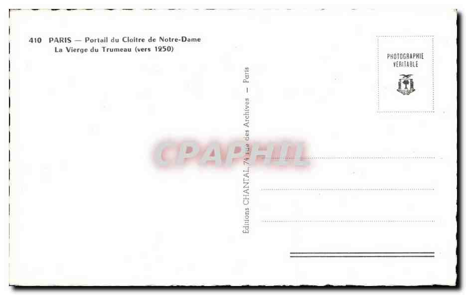 CPA Paris Portail Du cloitre De Notre Dame La Vierge Du Trumeau — Rückseite