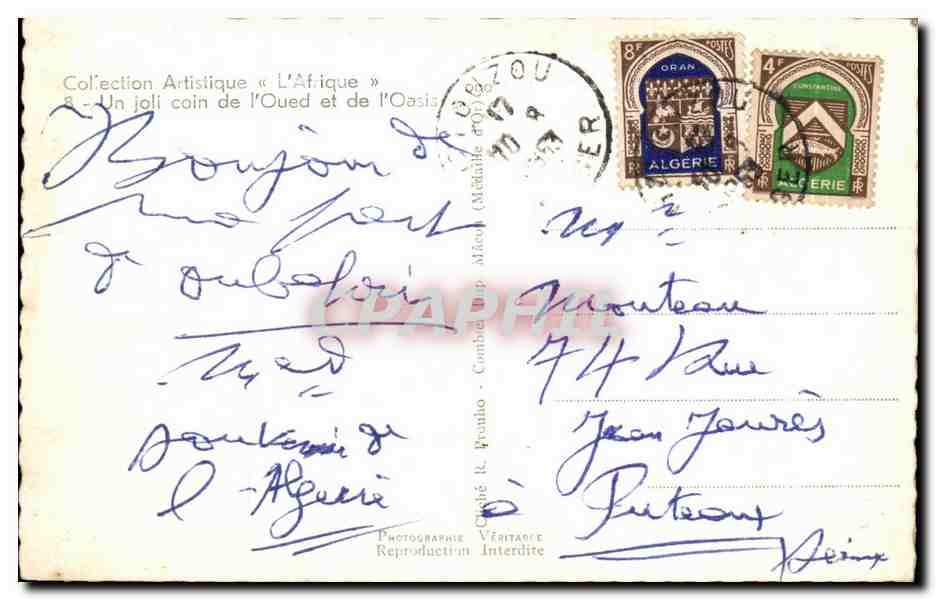 CPA Collection Artistique Un Joli Coin De l'Oued Et De L'Oasis Algerie  — Back
