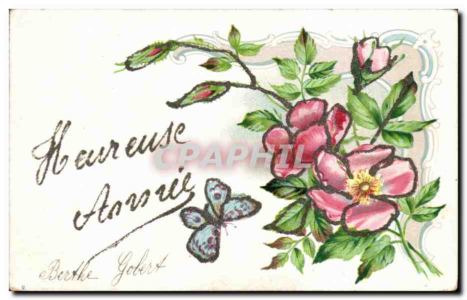 CPA Fantaise Fleurs Heureuse Annee Papillon 