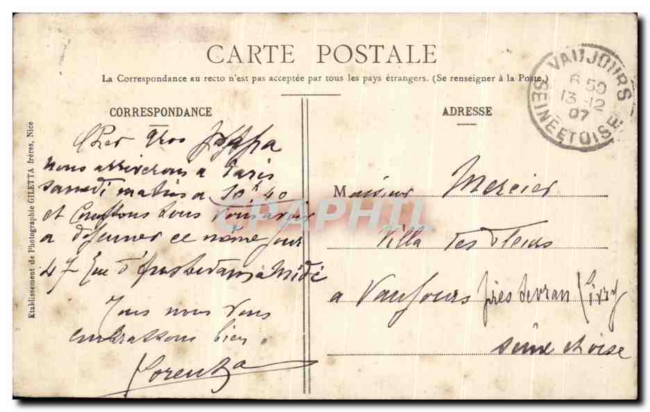 Cannes — vue du port et de la promenade — Édition Giletta, Nice, n°1390 — Verso