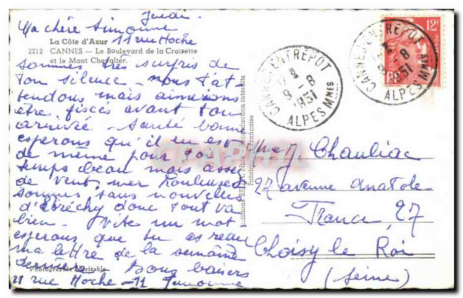 CPA Le Cote d'Azur Cannes Le Boulevard De La Croisette Et Le Mont Chevalier — Verso