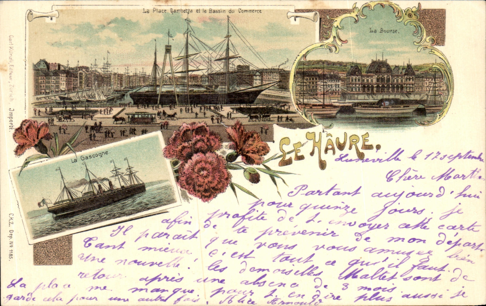 Le Hâvre — La Place Gambetta et le Bassin du Commerce — Carl Kuhn & Fils, Zürich, n° 1865